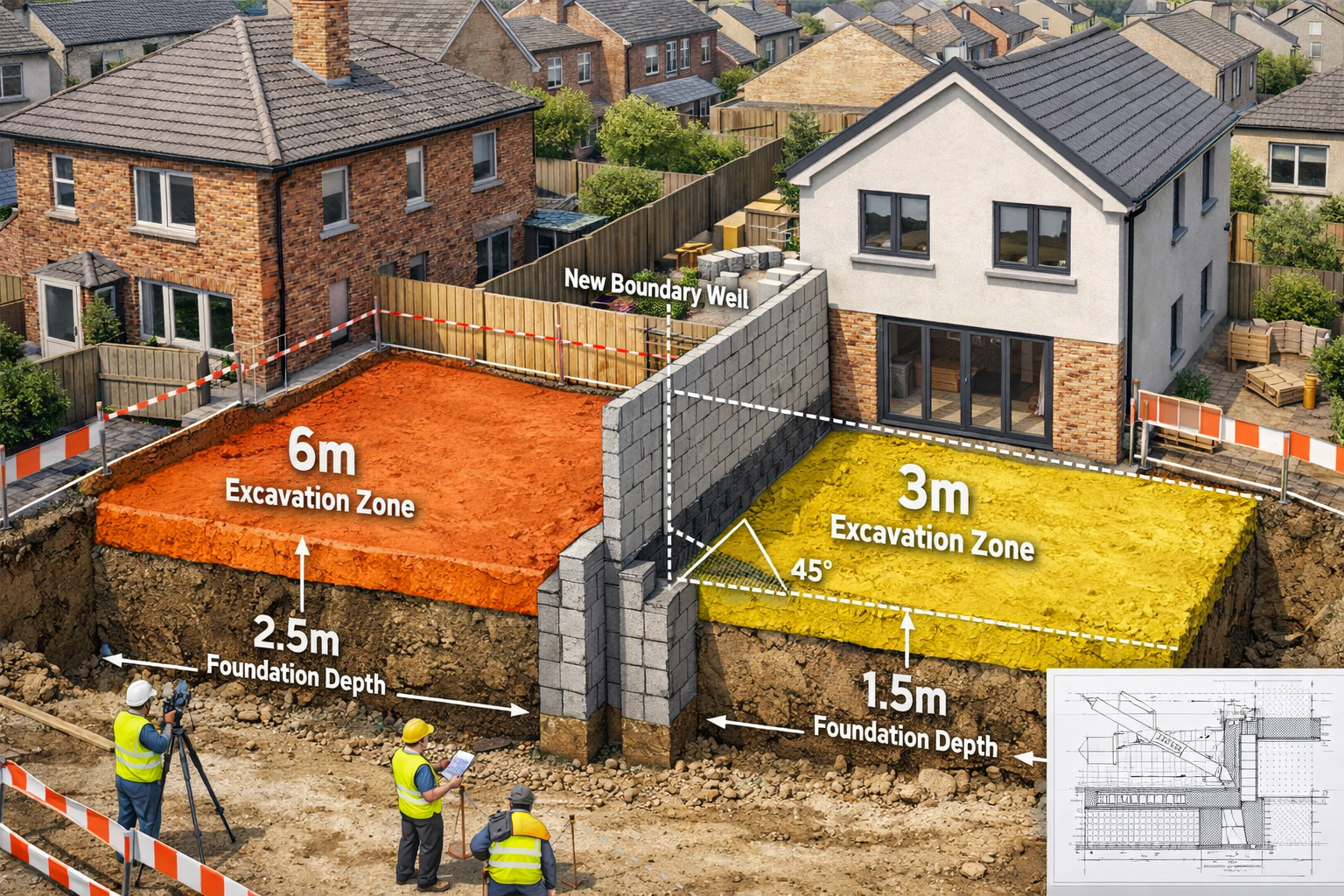 () detailed illustration showing aerial cutaway view of two adjacent properties with new wall construction at boundary line,