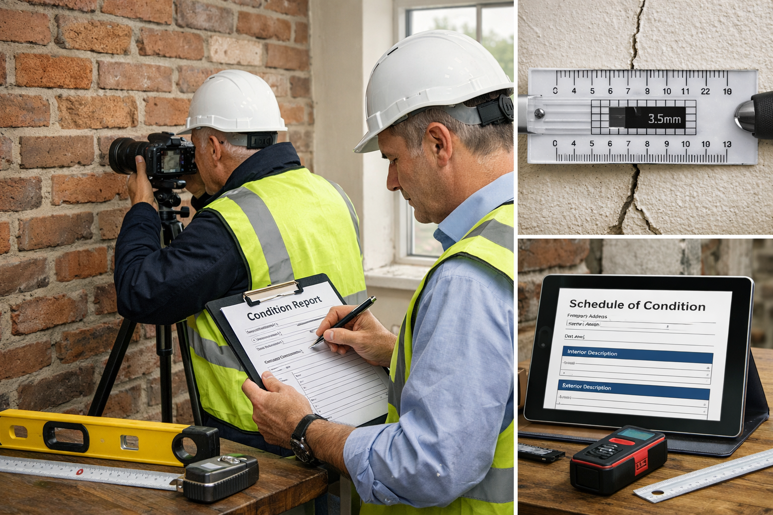 () professional scene showing two party wall surveyors conducting detailed property inspection, one surveyor photographing
