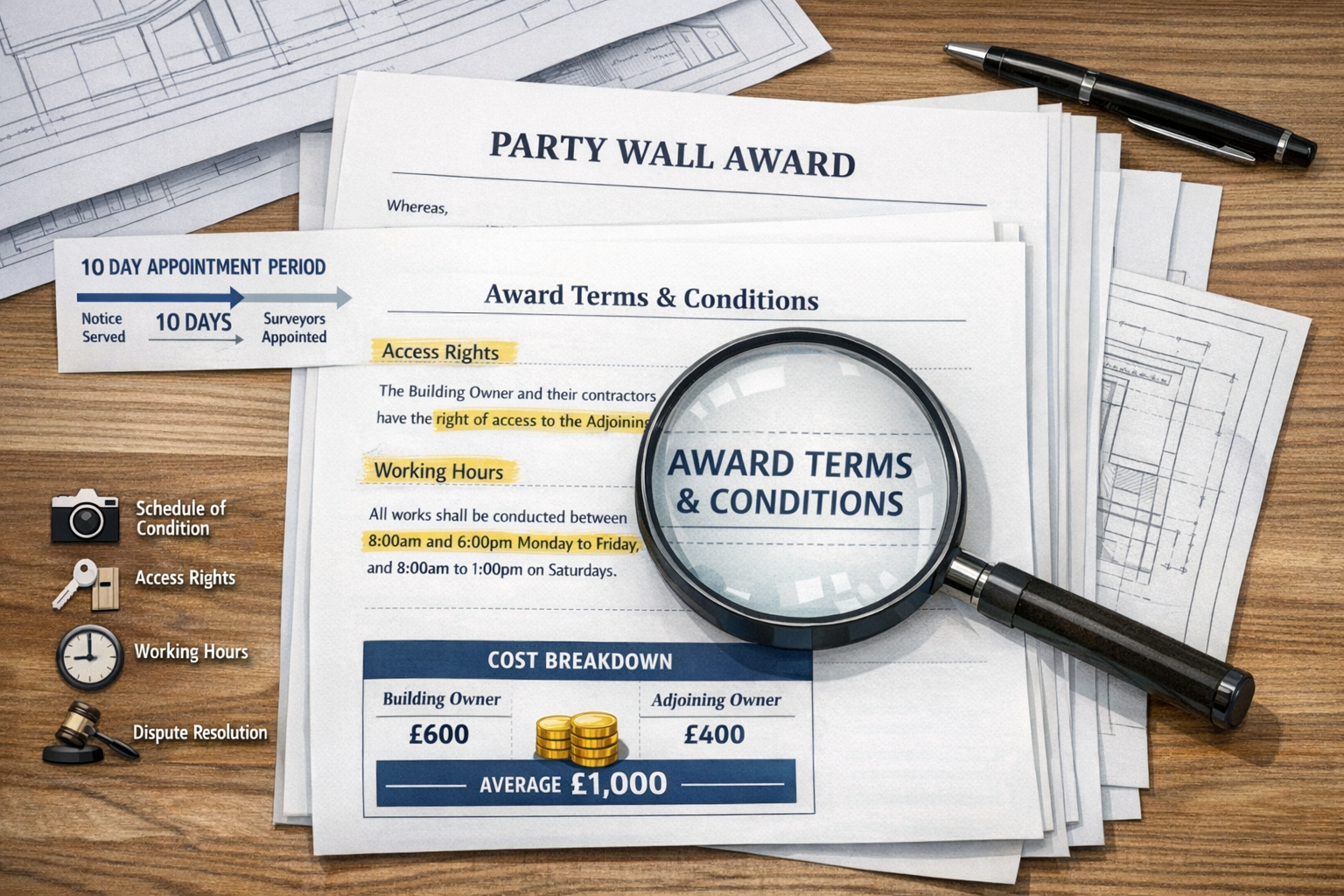 () detailed infographic-style illustration of formal Party Wall Award document laid flat on architect's desk, official