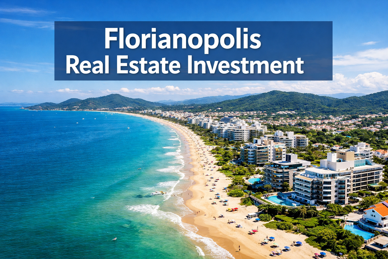 Professional landscape format (1536x1024) hero image featuring bold text overlay 'Florianopolis Real Estate Investment' in extra large 72pt