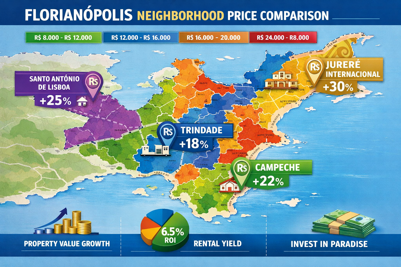 Detailed landscape format (1536x1024) infographic showing Florianopolis neighborhood price comparison map with color-coded zones representin
