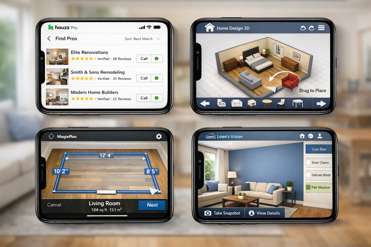 () detailed smartphone screen mockup showcase displaying four different renovation app interfaces in grid layout. Top-left: