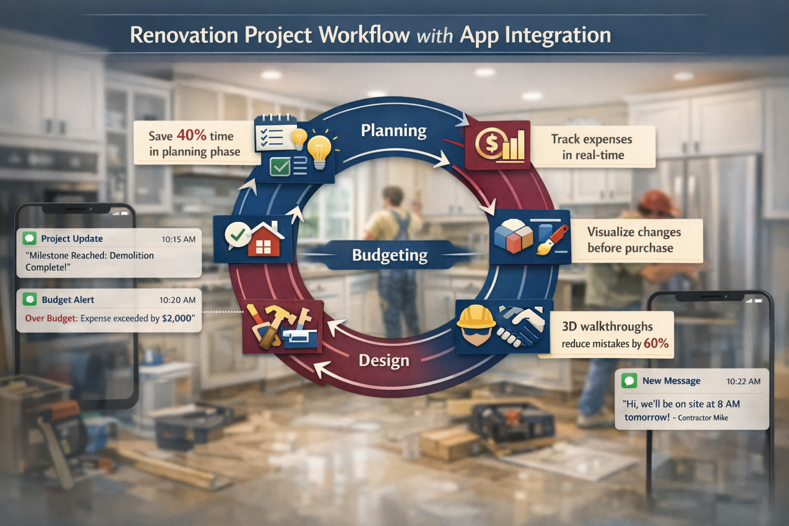 () infographic-style visualization showing renovation project workflow with app integration touchpoints. Center: circular