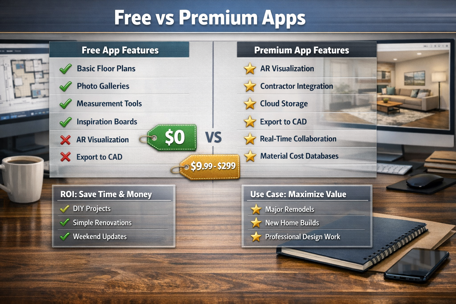 () comparison table visualization showing 'Free vs Premium Apps' decision matrix. Left column: free app features with green