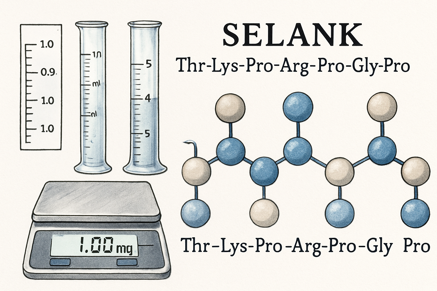 Scientific illustration showing Selank peptide molecular structure with amino acid sequence Thr-Lys-Pro-Arg-Pro-Gly-Pro displayed as connect
