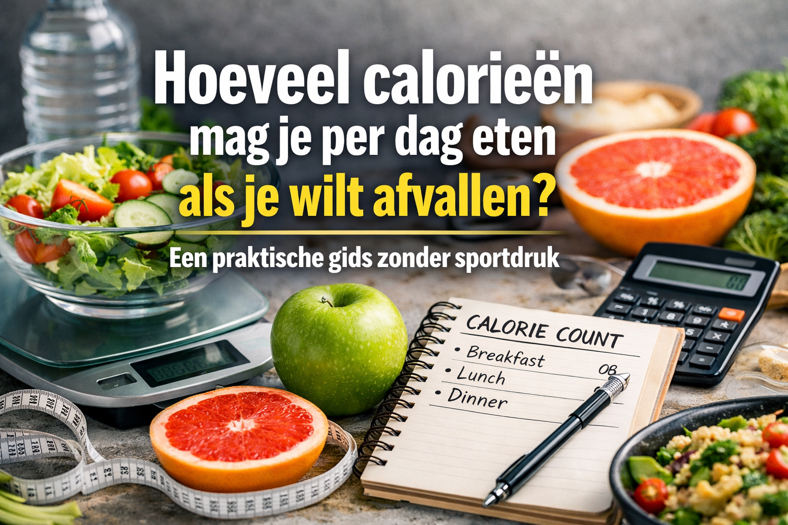 Professional landscape hero image (1536x1024) with bold text overlay: "Hoeveel calorieën mag je per dag eten als je wilt afvallen? Een prakt