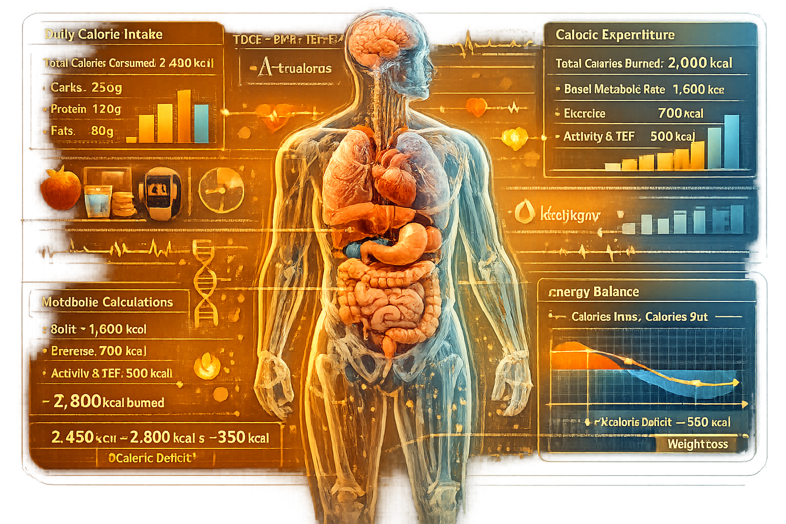 Detailed calorie tracking visualization with transparent human body overlay. Digital dashboard showing daily caloric intake calculations, me