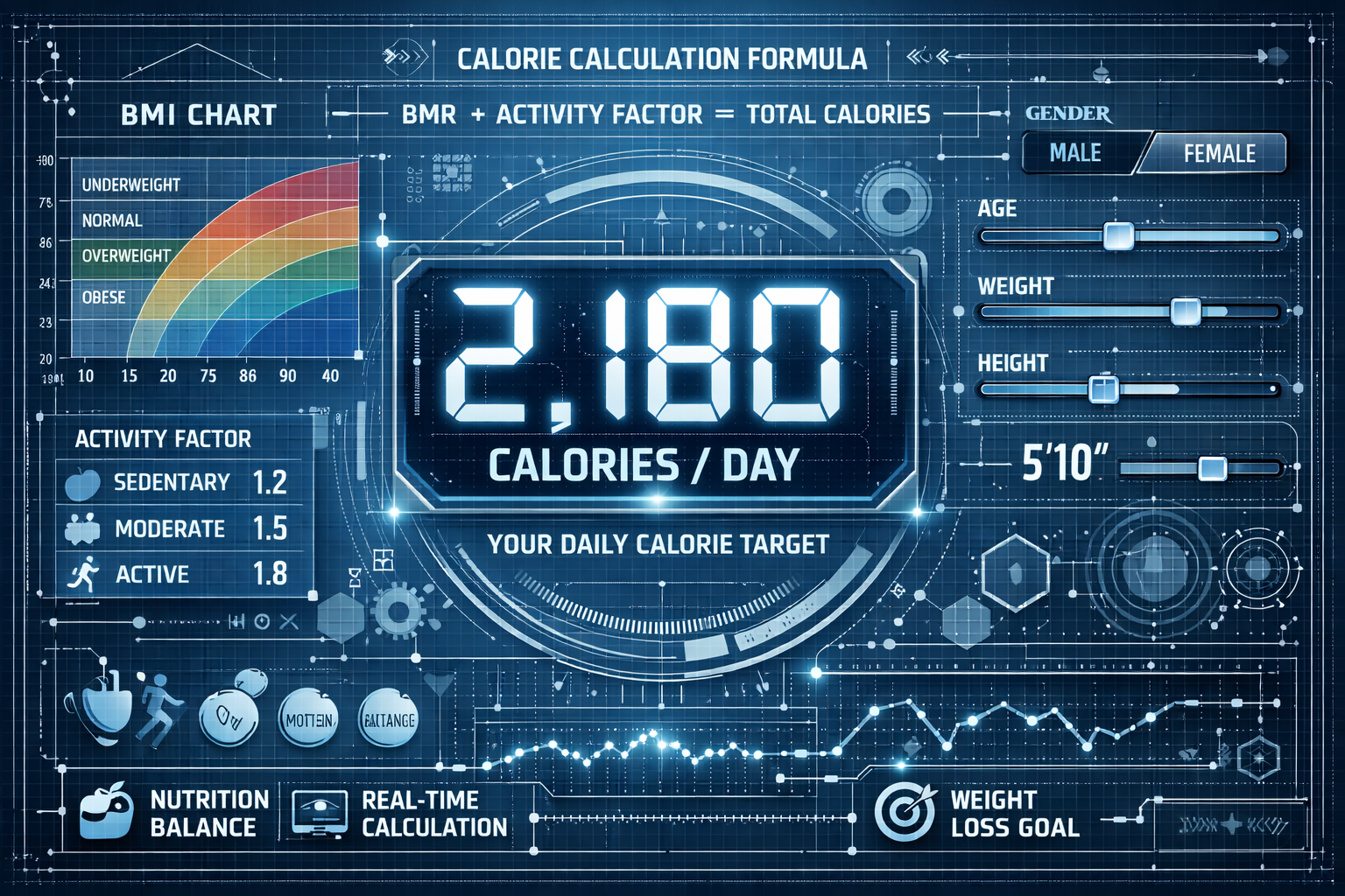 Mathematical calorie calculation infographic with large central numeric display showing personalized daily calorie targets. Surrounding visu