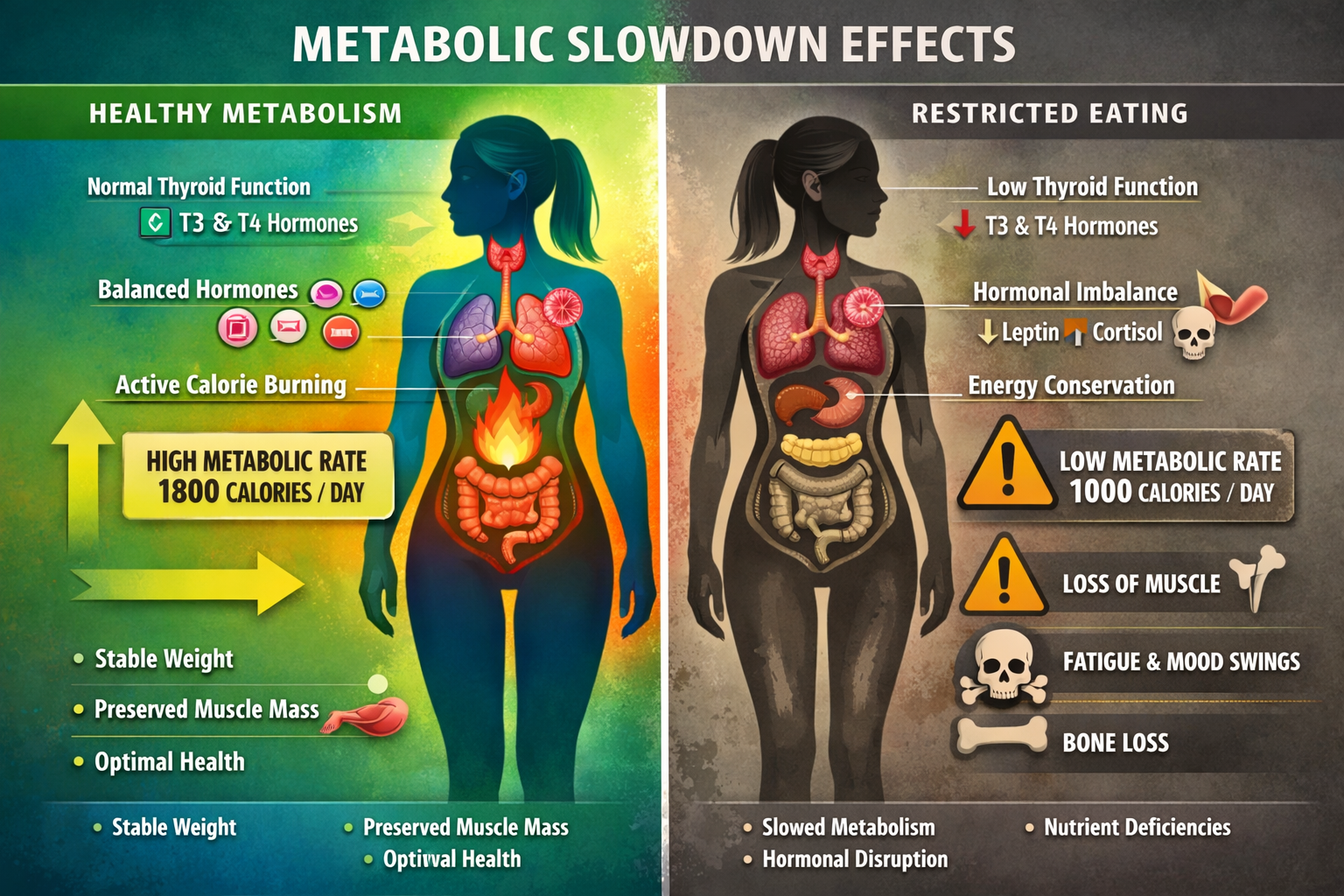 Nutritional warning visualization showing metabolic slowdown effects. Split screen comparing healthy vs. restricted eating patterns, with bo