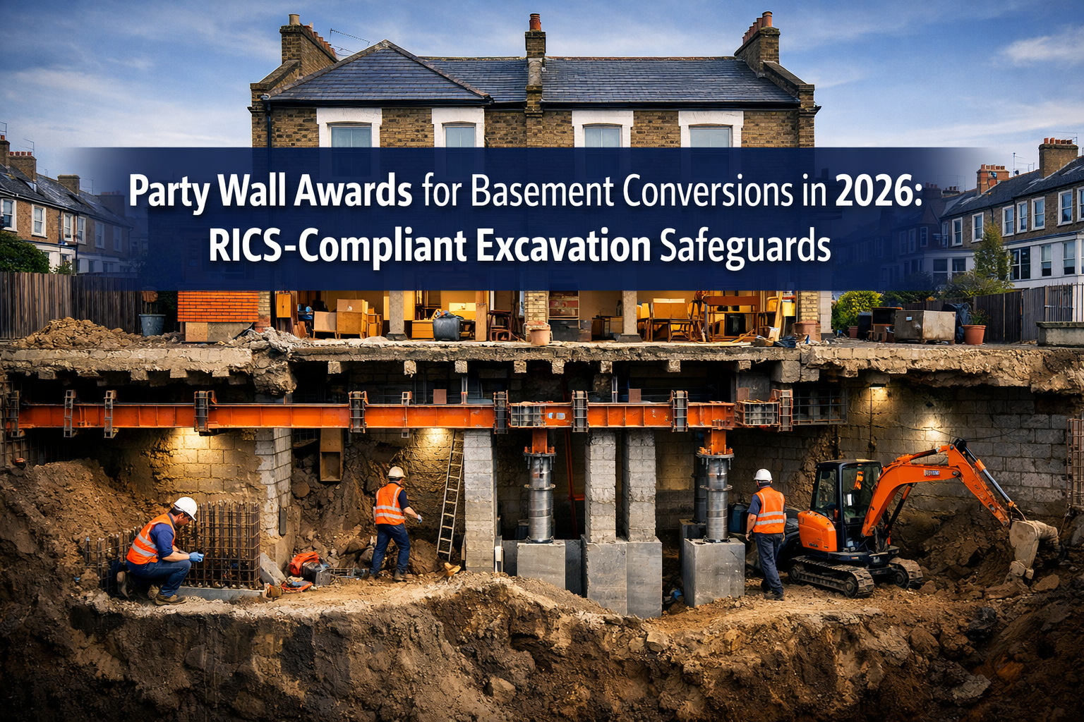 Professional () hero image featuring 'Party Wall Awards for Basement Conversions in 2026: RICS-Compliant Excavation