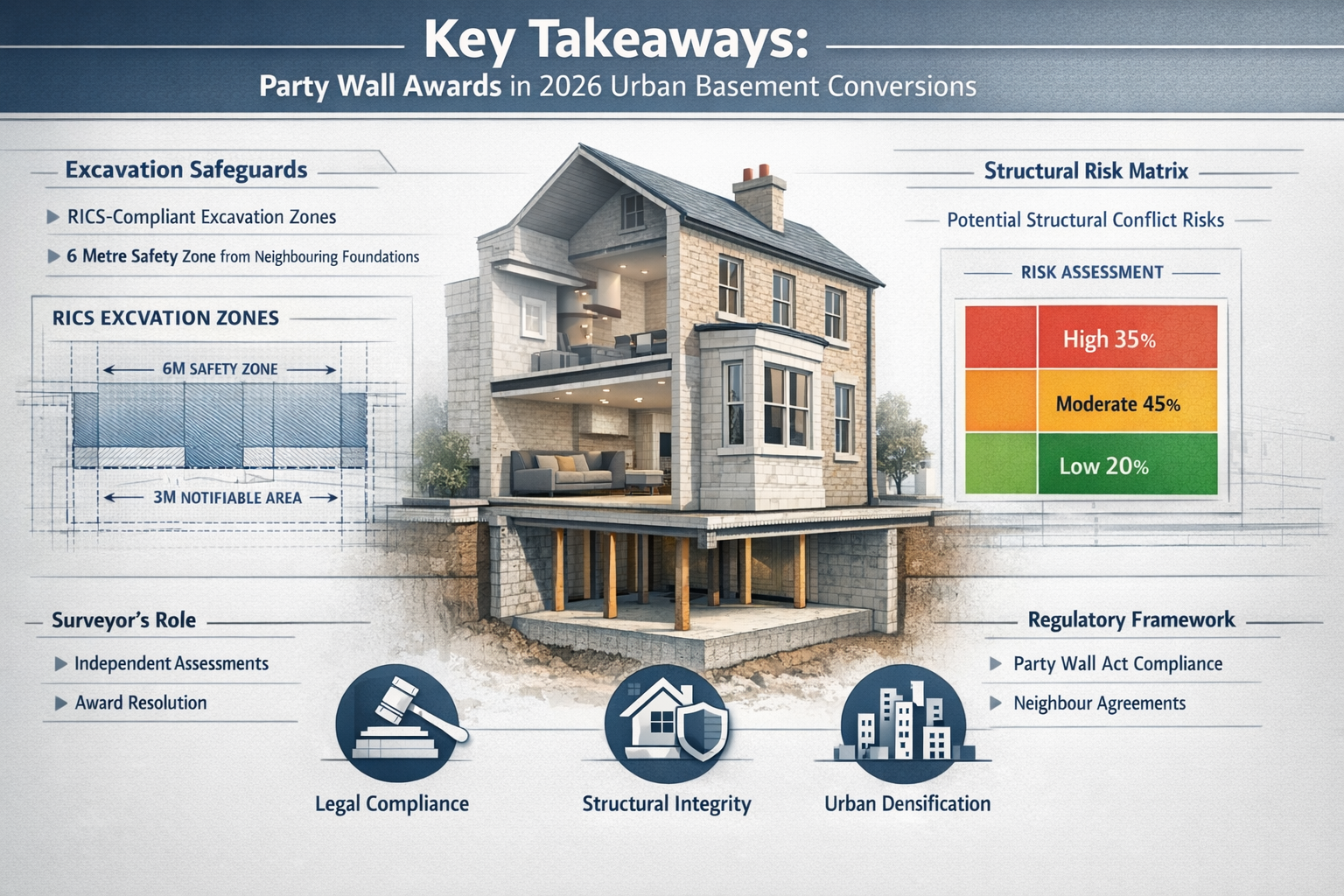Comprehensive editorial-style infographic visualizing 'Key Takeaways' for Party Wall Awards in 2026 Urban Basement