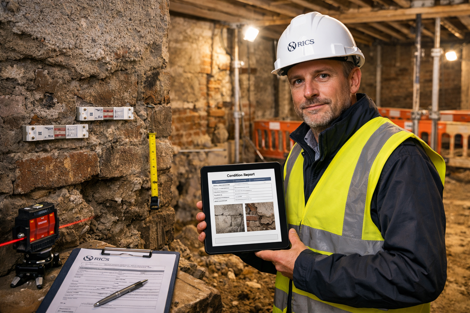 () professional photograph of RICS-qualified surveyor in hard hat and high-visibility vest conducting detailed schedule of