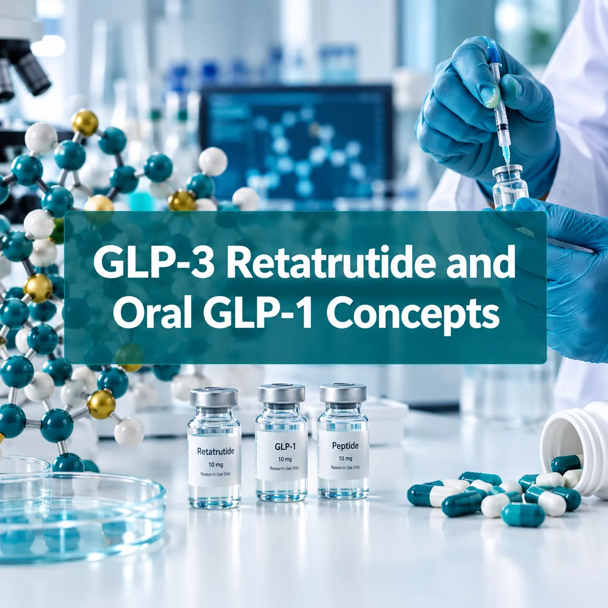 Professional () hero image with 'GLP-3 Retatrutide and Oral GLP-1 Concepts' in crisp white modern centered on a deep teal