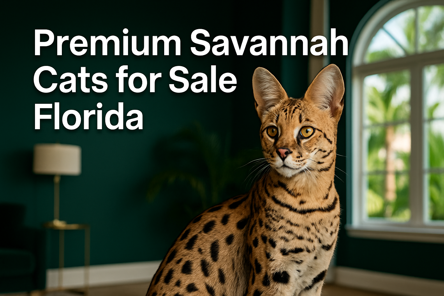 Professional landscape hero image (1536x1024) featuring bold text overlay 'Premium Savannah Cats for Sale Florida' in extra large 72pt white
