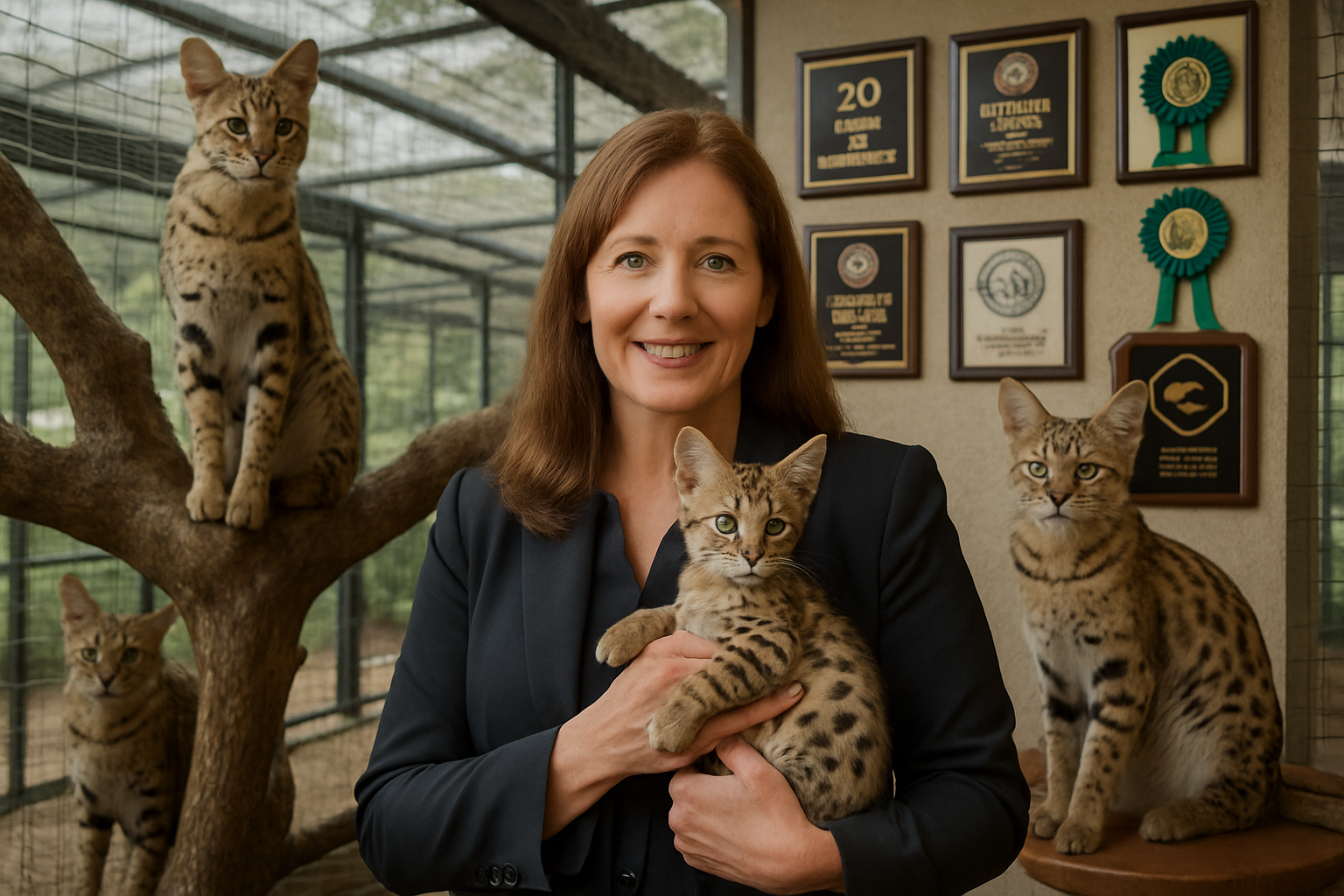 Professional landscape image (1536x1024) featuring renowned Savannah cat breeder Melissa Morris in her pristine Florida cattery surrounded b