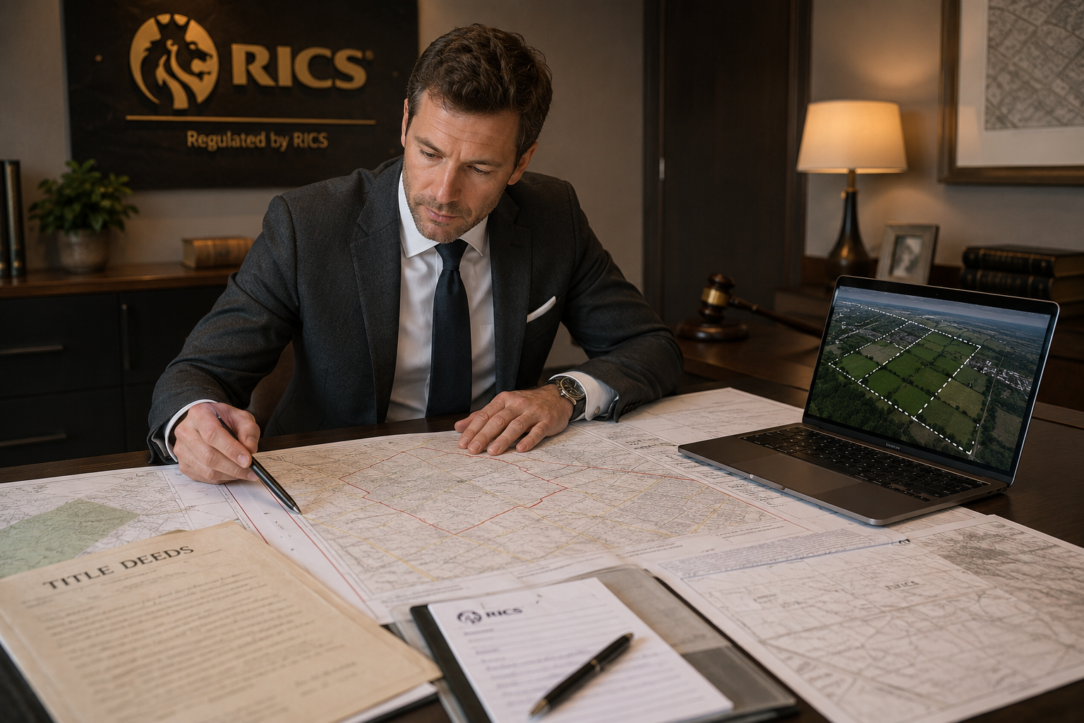 Wide-angle editorial photograph of a professional RICS-accredited surveyor in a formal suit reviewing large-format boundary