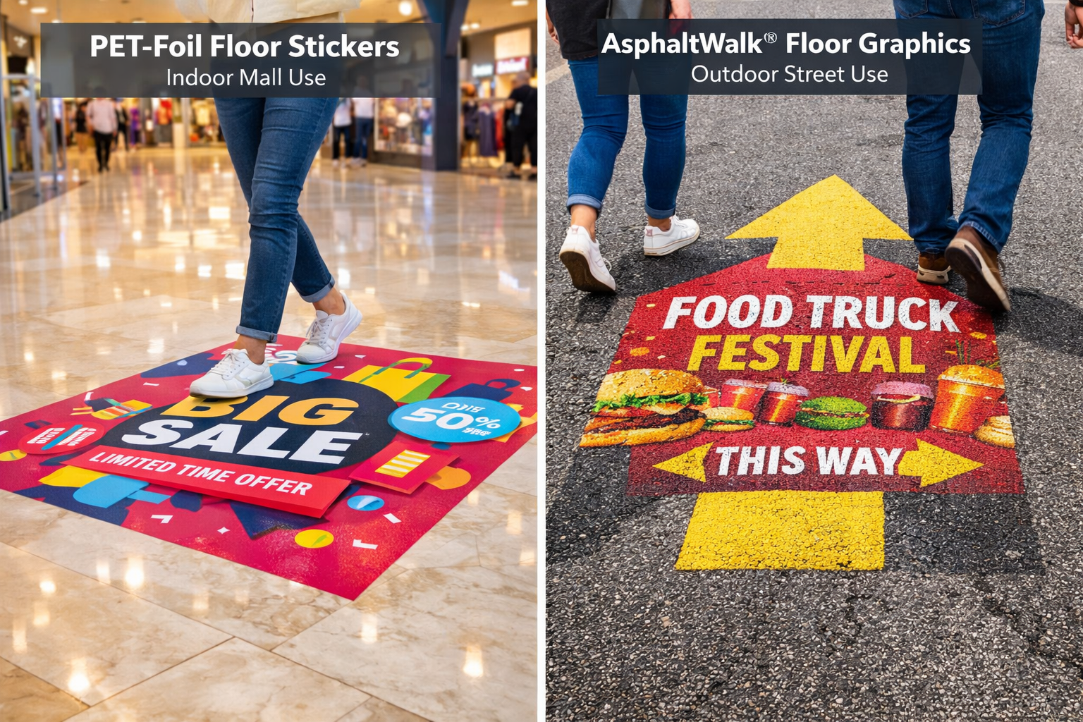 Landscape format (1536x1024) split-screen comparison image showing indoor PET-foil floor stickers on left side (glossy marble floor in shopp