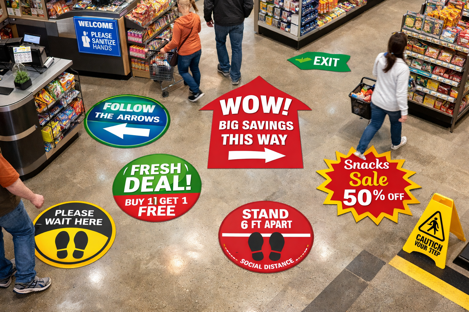 Professional landscape format (1536x1024) retail environment photograph showing multiple anti-slip floor stickers in active use across super