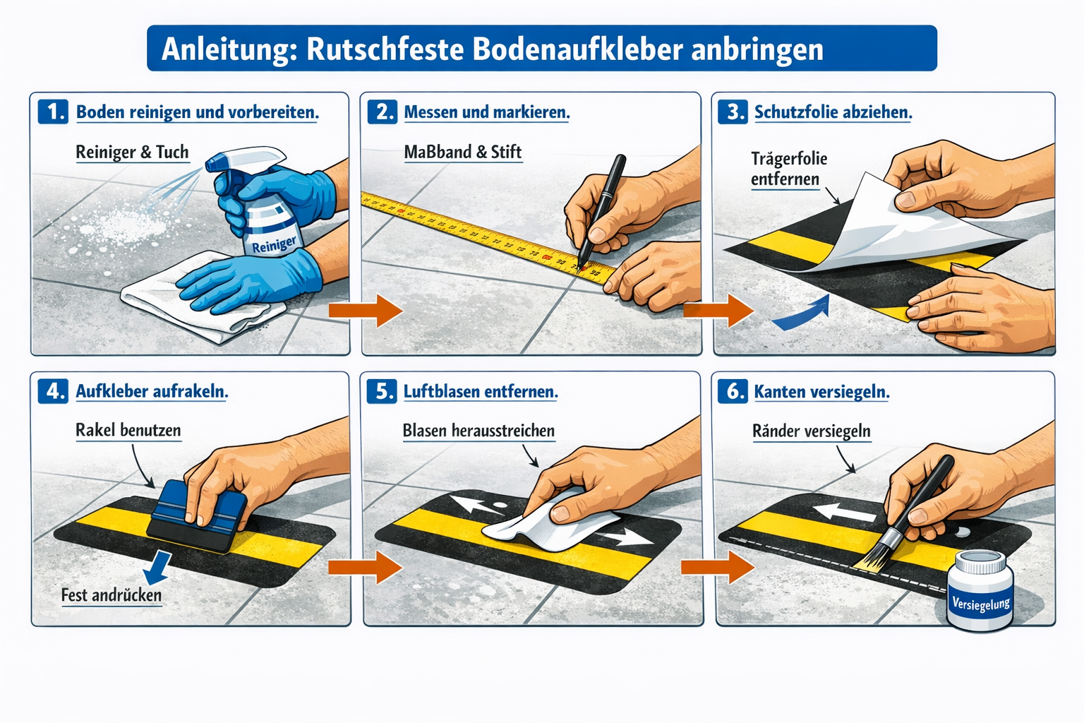 Detailed landscape format (1536x1024) step-by-step installation guide infographic for anti-slip floor stickers, numbered sequence showing: 1