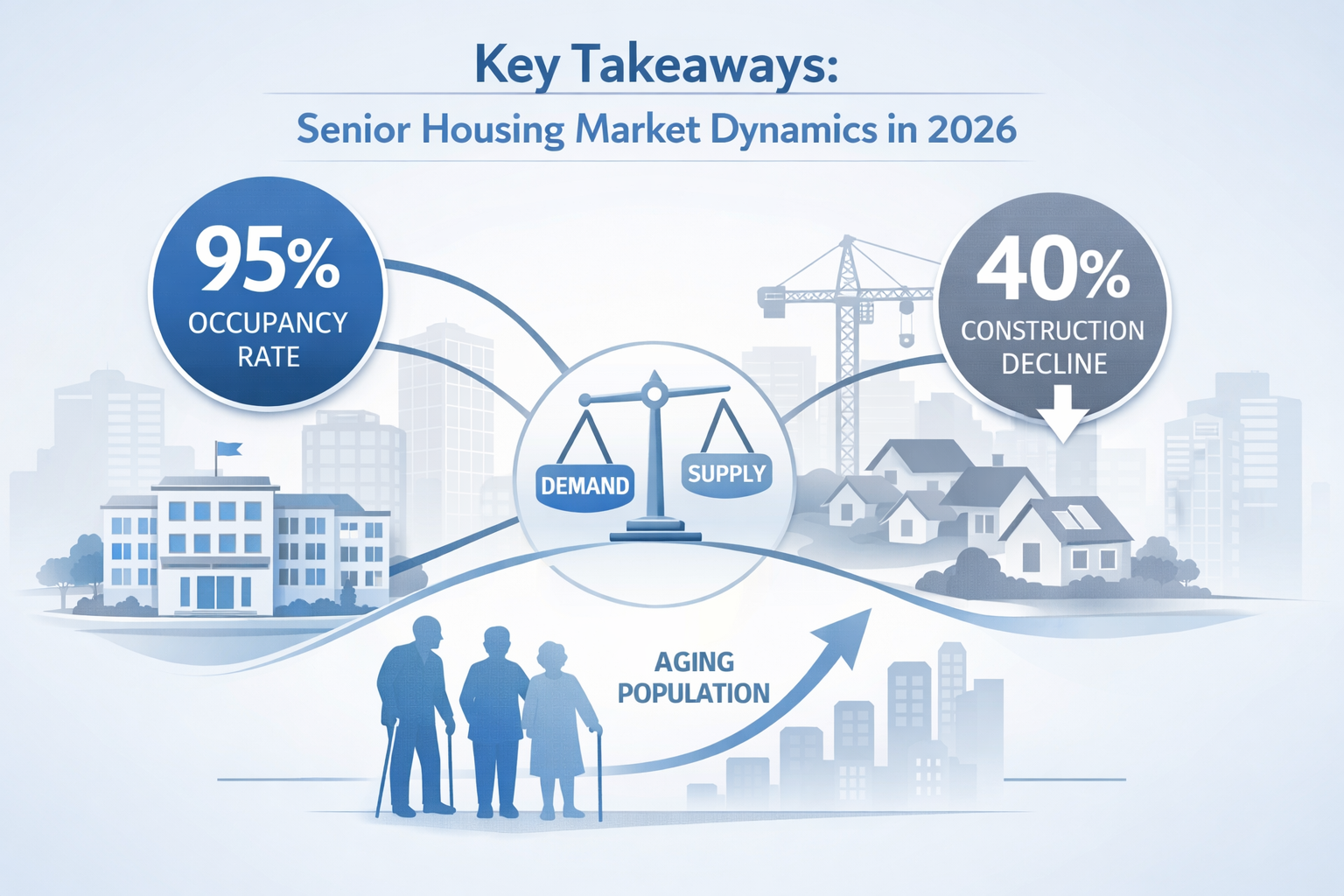 Editorial infographic for 'Key Takeaways' section visualizing senior housing market dynamics in 2026. Central graphic showing interconnected