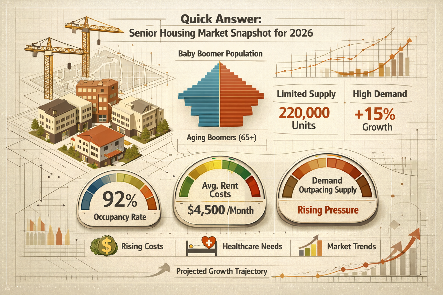 Conceptual data visualization for 'Quick Answer' section depicting senior housing market snapshot for 2026. Isometric infographic with styli