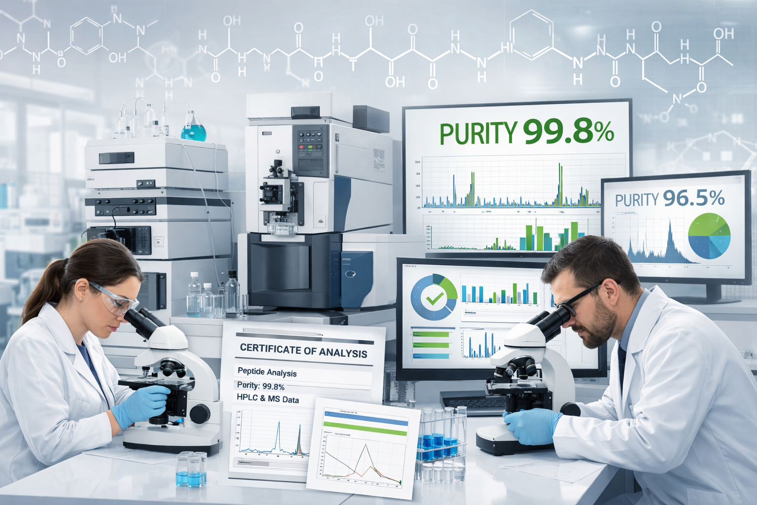 Scientific laboratory scene showing peptide quality testing equipment including HPLC machines, mass spectrometry devices, and analytical ins
