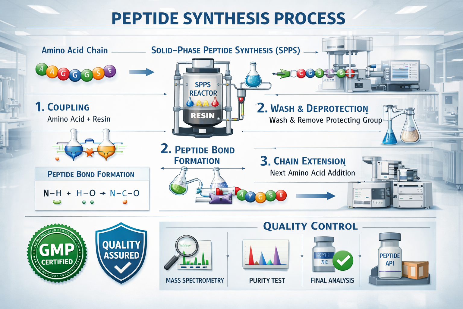 Detailed infographic showing peptide synthesis process from amino acid chains to final product. Visual representation of solid-phase peptide