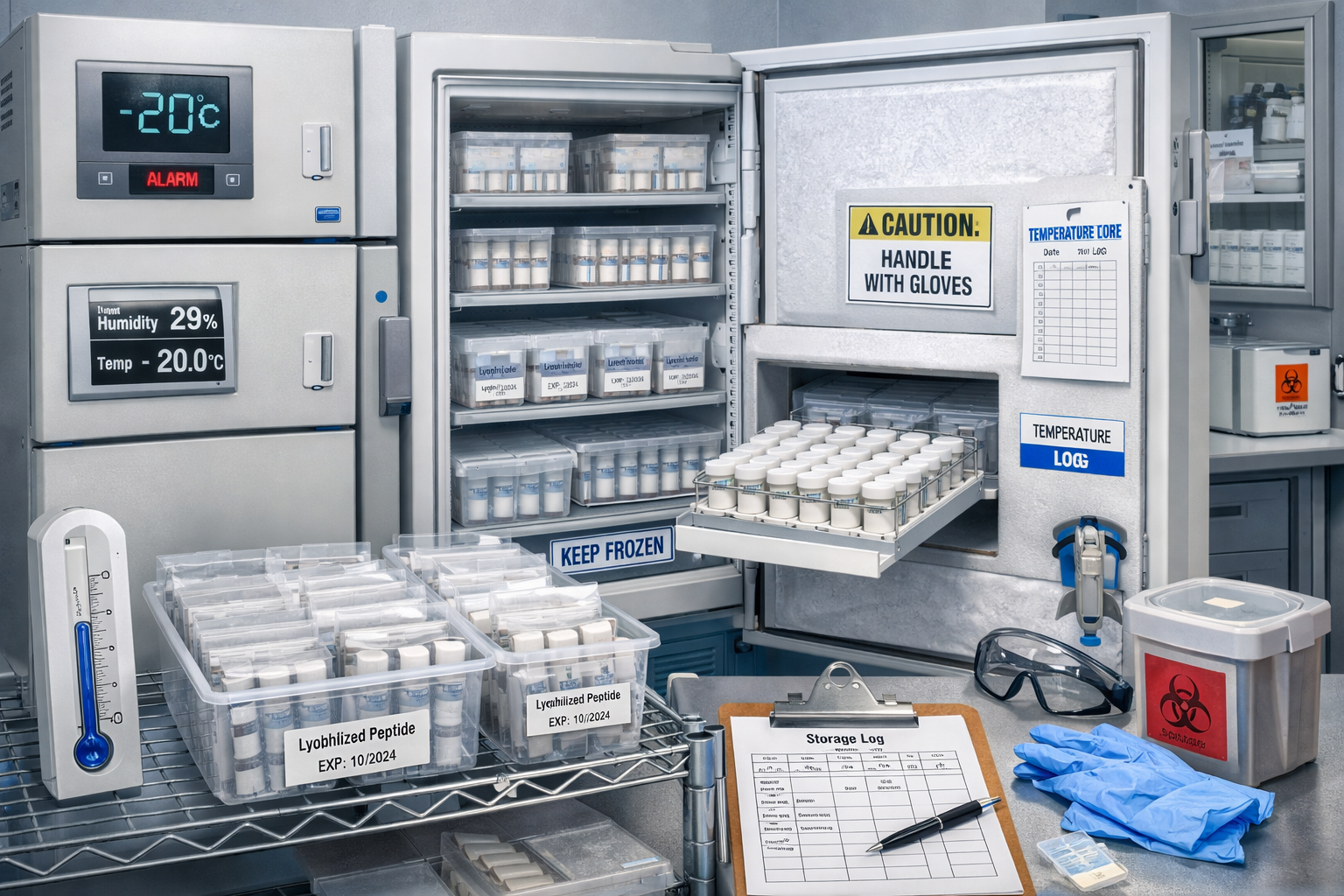 Professional storage facility showing proper peptide preservation methods. Temperature-controlled freezers at -20°C, vacuum-sealed vials, an