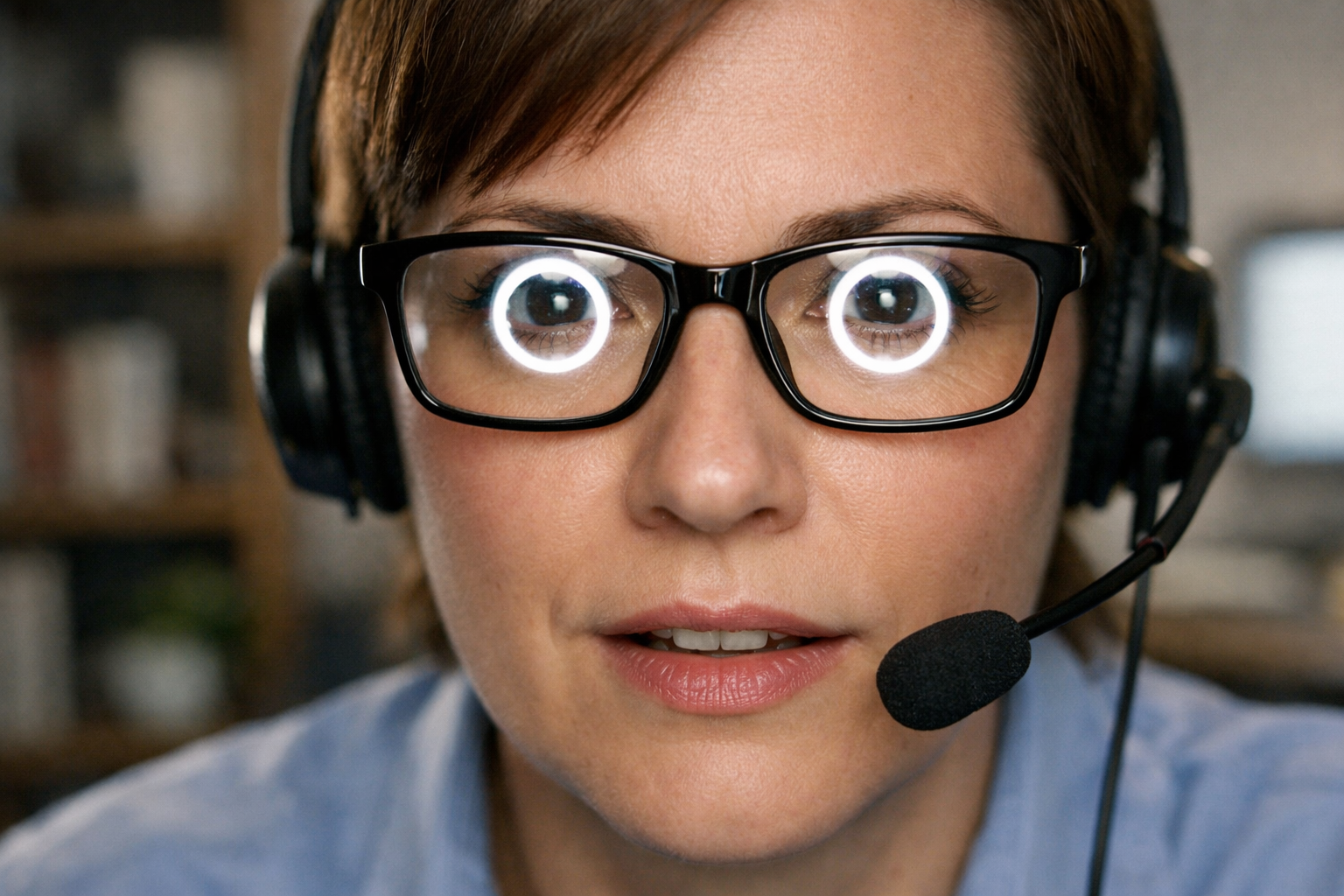 A close-up editorial shot (1536x1024) of a person wearing glasses while on a video call, clearly showing the distinct circular reflection of