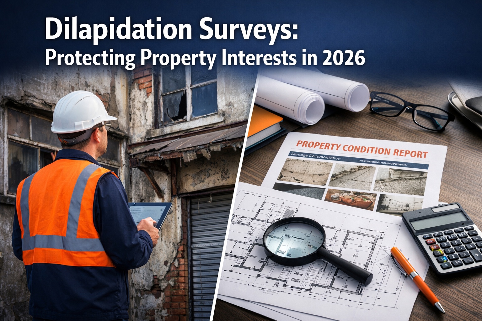 Professional landscape format (1536x1024) hero image featuring bold text overlay 'Dilapidation Surveys: Protecting Property Interests in 202