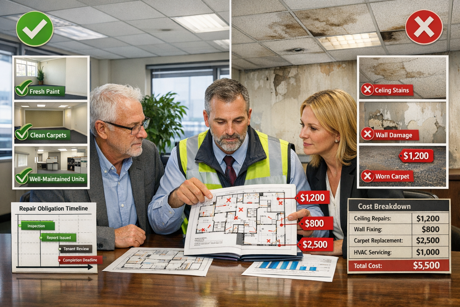 Detailed landscape format (1536x1024) image depicting lease-end dilapidation survey scenario in commercial office space. Split-screen compos