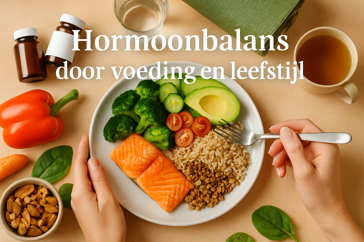 Lifestyle composition showing healthy balanced plate with Mediterranean diet foods, Dutch woman's hands holding fork, colorful vegetables, l