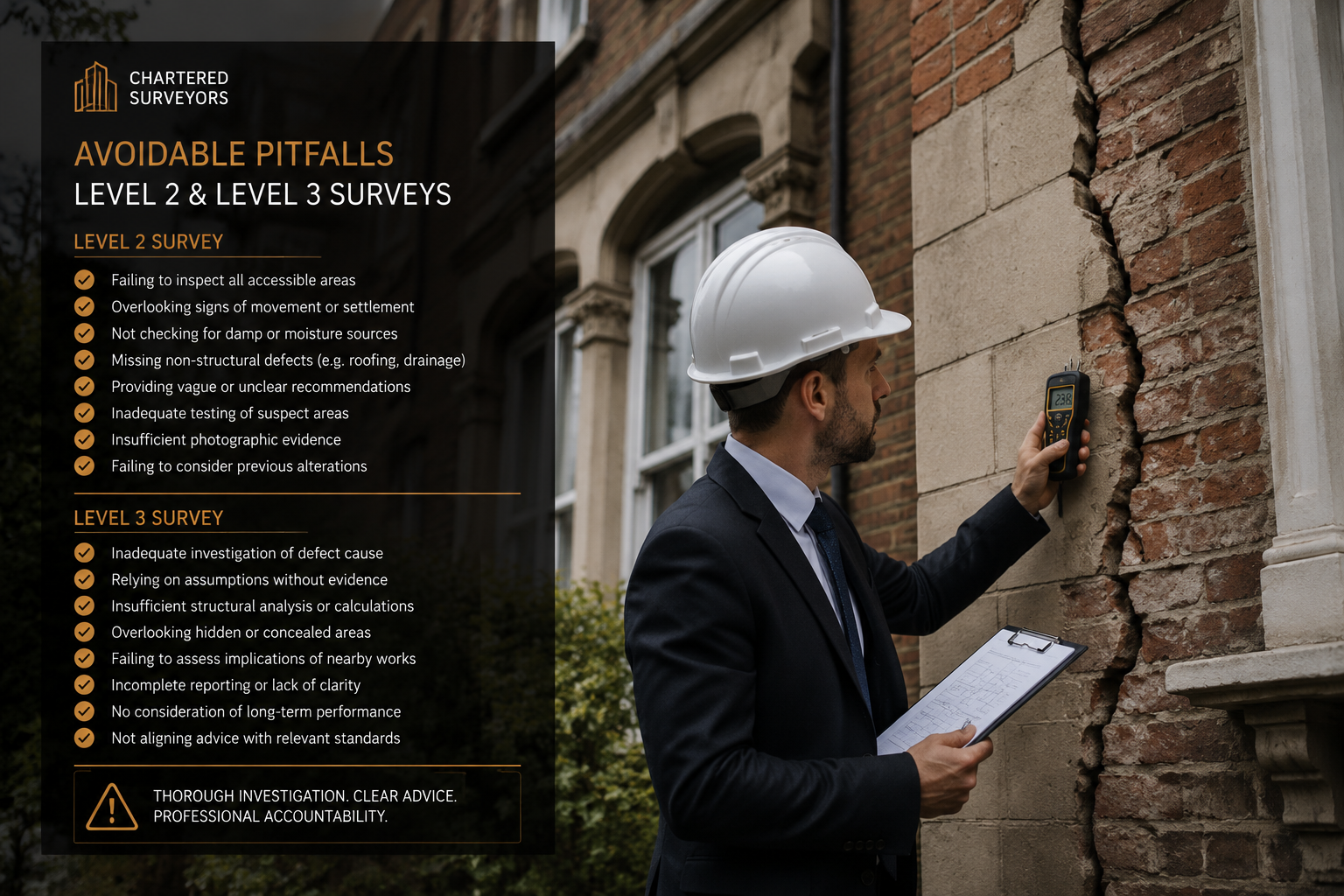 Wide-angle editorial photograph of a chartered surveyor in a hard hat and suit examining structural cracks in a Victorian