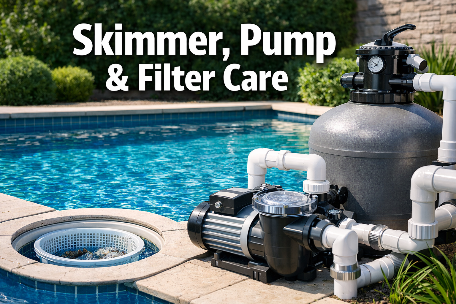 Professional landscape hero image (1536x1024) featuring bold text overlay 'Skimmer, Pump & Filter Care' in extra large 72pt white sans-serif