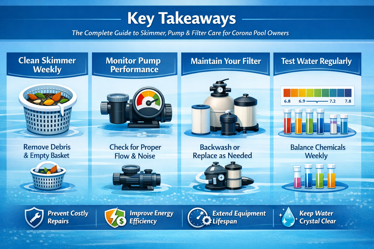 Professional landscape infographic (1536x1024) for article "The Complete Guide to Skimmer, Pump & Filter Care for Corona Pool Owners", secti