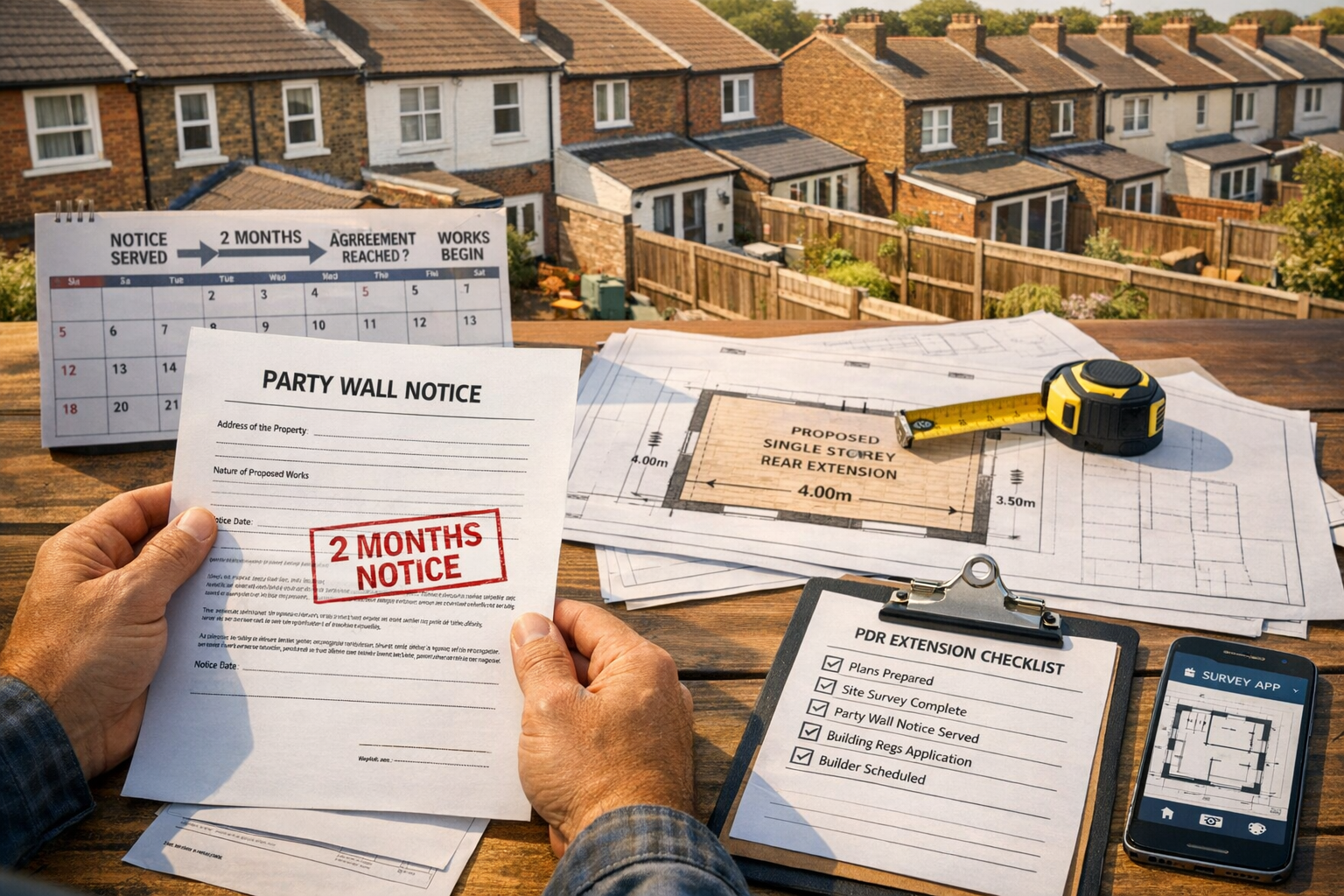 Detailed () image showing close-up of surveyor's hands holding official party wall notice documents with '2 months notice'