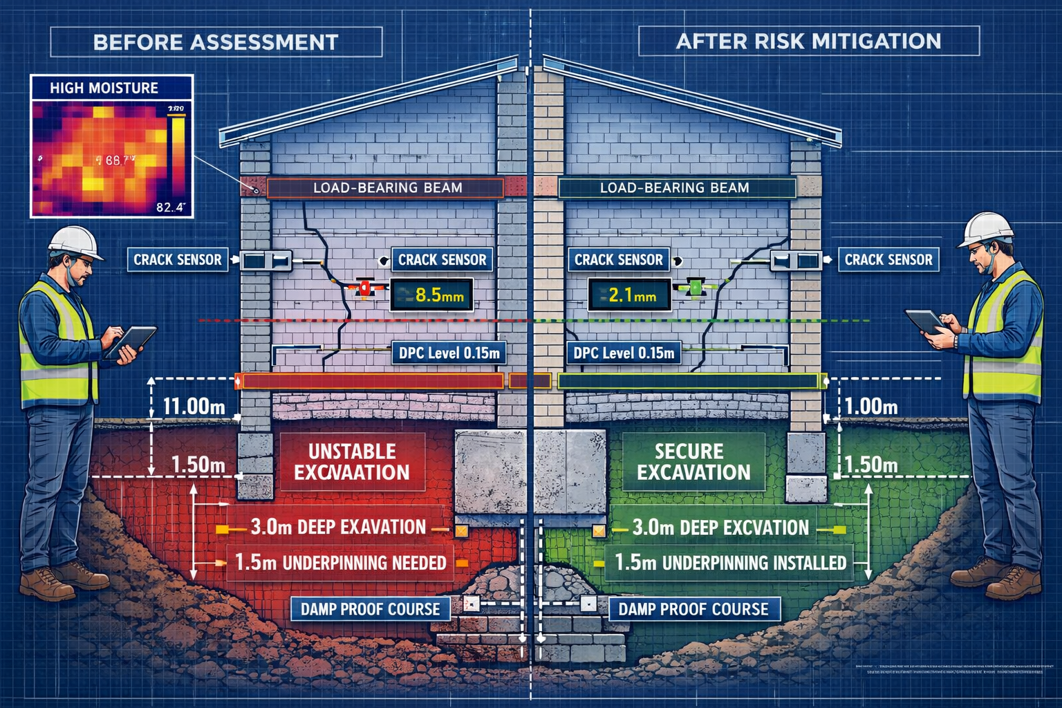 () technical illustration showing cutaway view of party wall with structural risk indicators highlighted in warning colors: