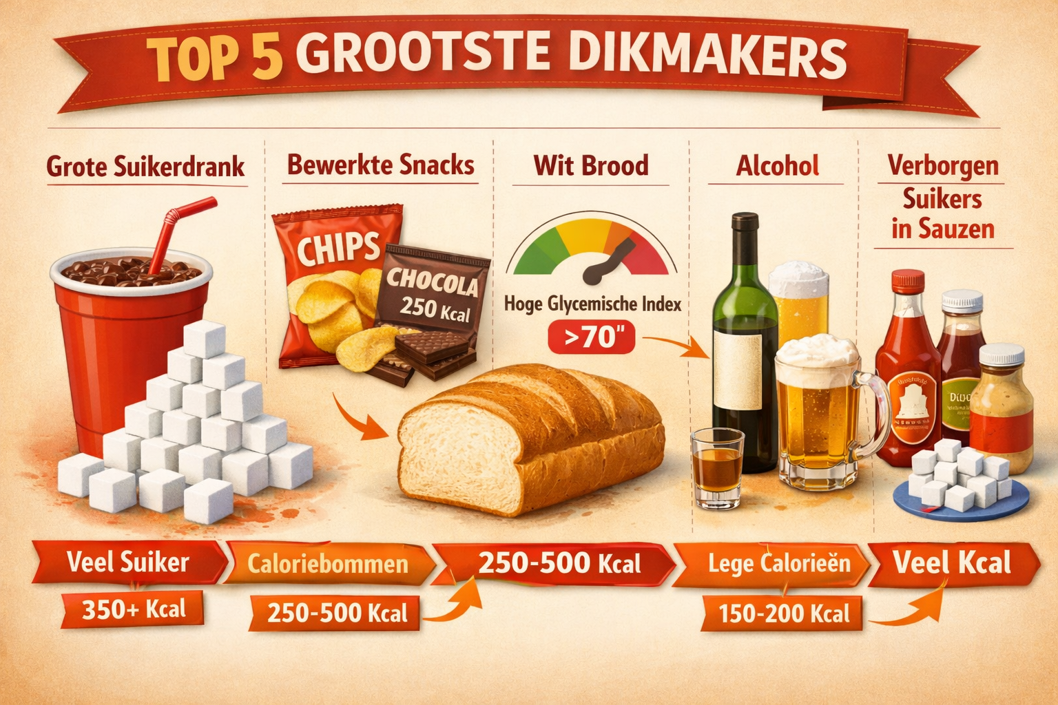 Detailed infographic-style image showing the top 5 biggest weight-gaining culprits (dikmakers) with visual hierarchy: large sugary drink cup