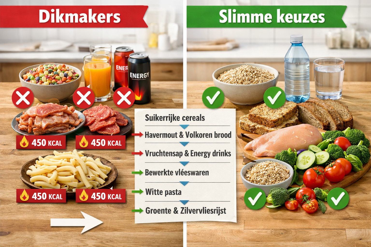 Conceptual split-screen comparison image showing two kitchen scenes side by side: left side displays problematic foods (sugary cereals, frui