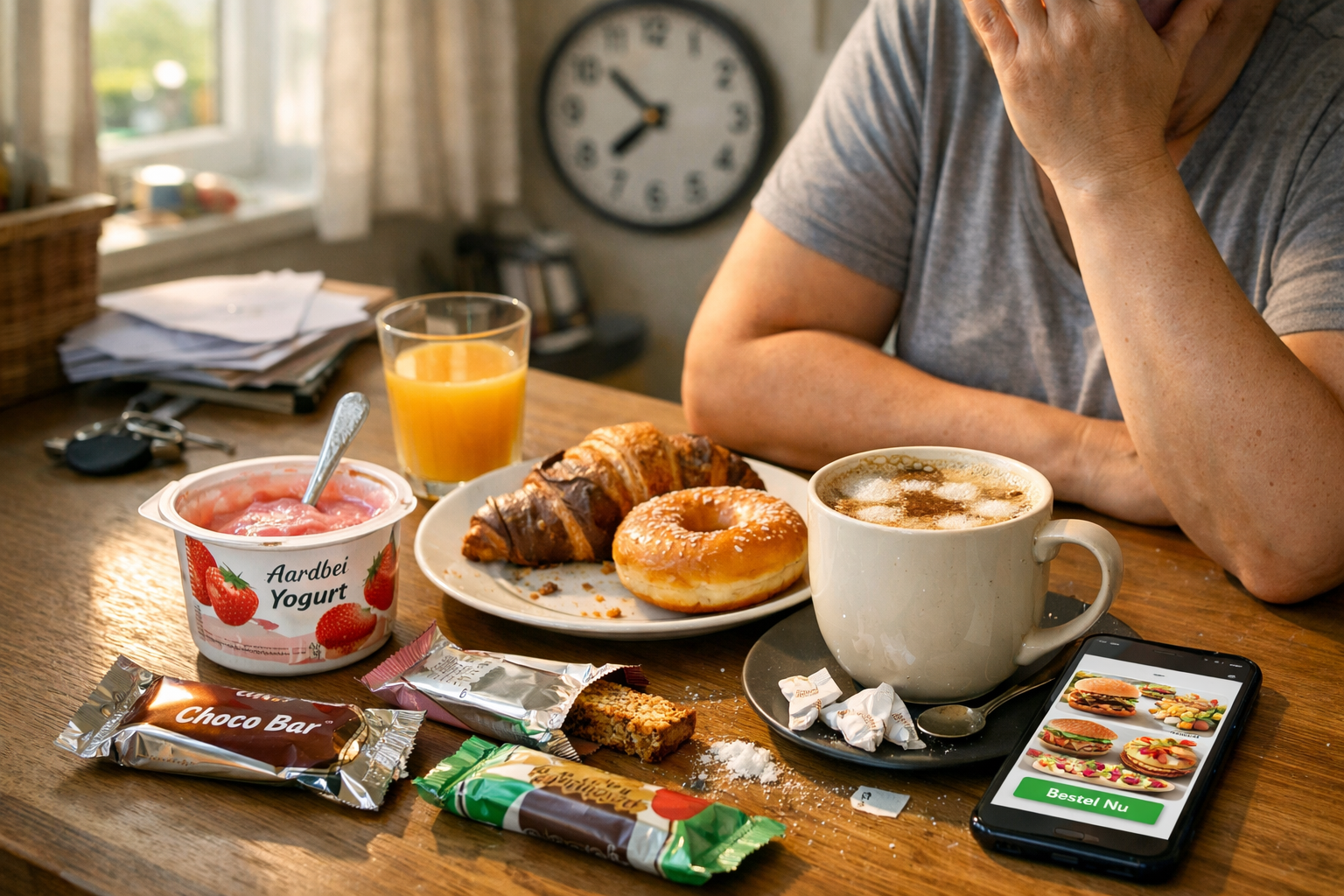 Detailed lifestyle photograph showing a realistic daily routine causing weight gain: morning scene with person at kitchen table surrounded b