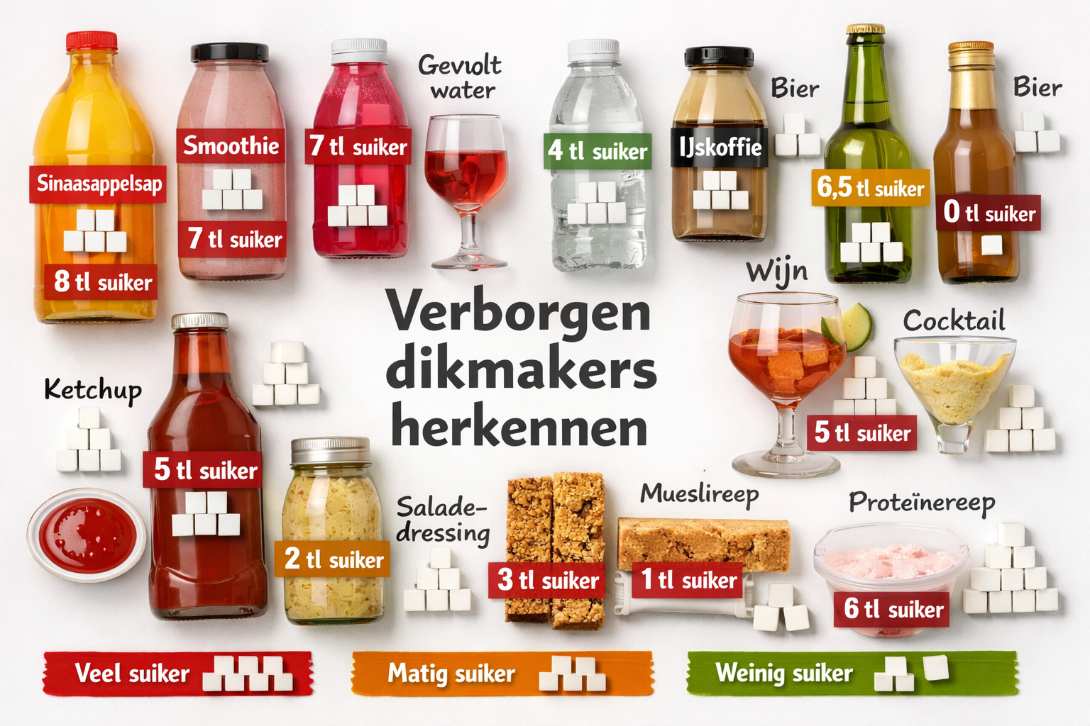 Informative flat-lay composition displaying hidden sugar sources and liquid calories: various bottles and containers including fruit juices,