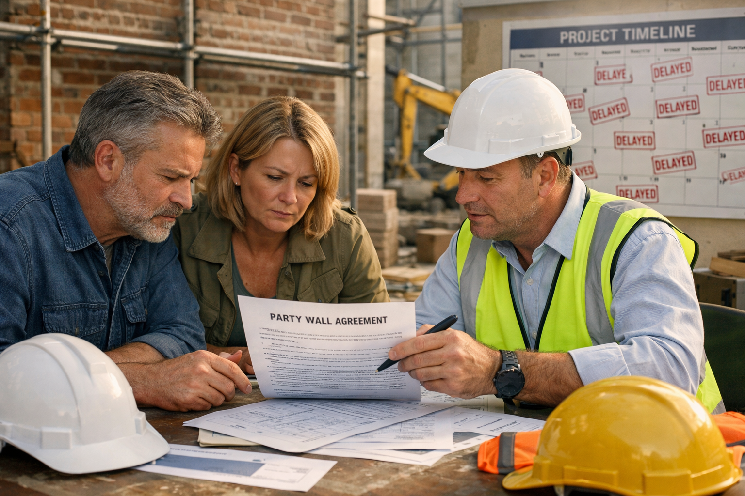 Detailed () image showing close-up of two property owners and construction surveyor reviewing party wall agreement documents