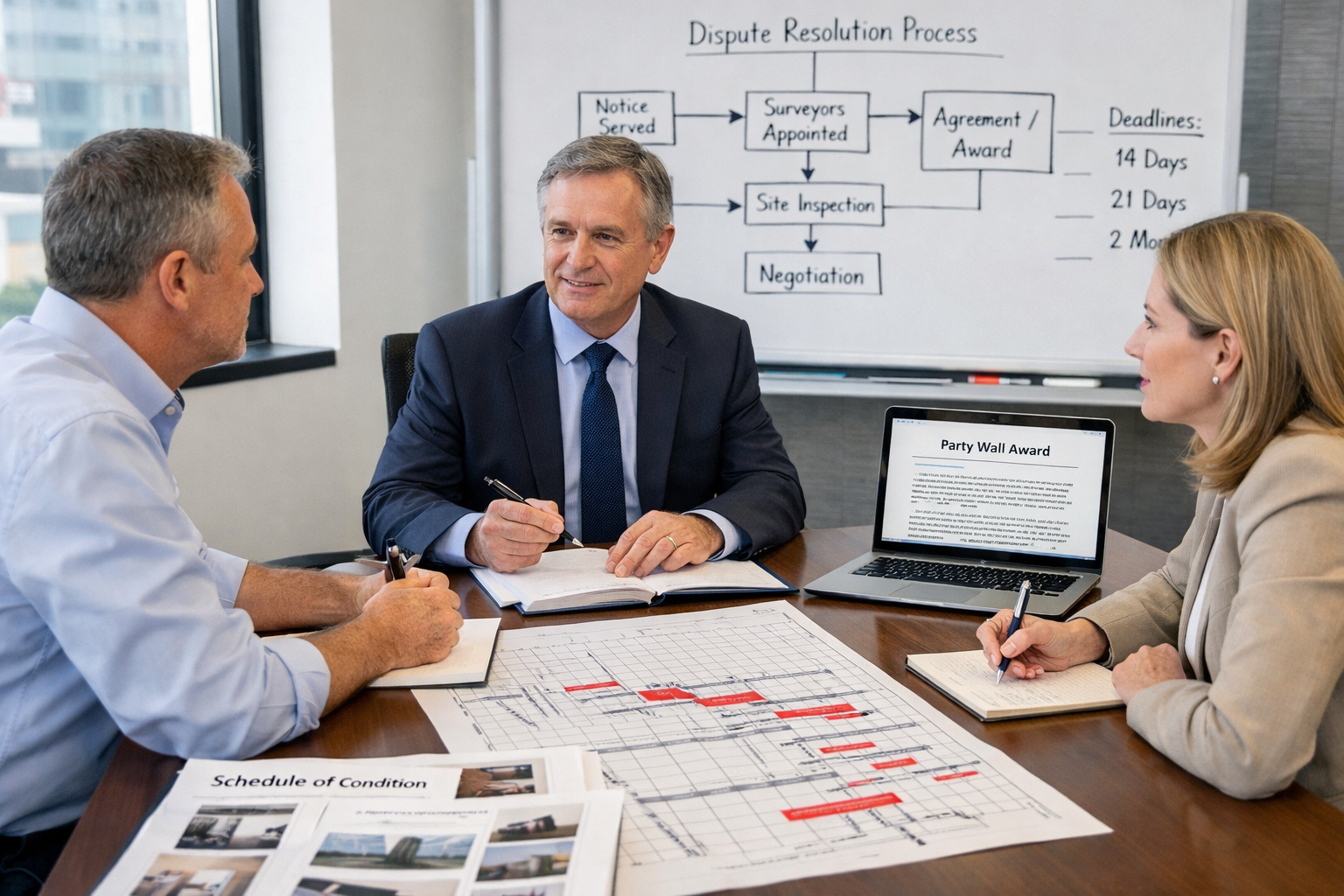 Detailed () image depicting professional mediation session in modern office setting with mediator seated between building