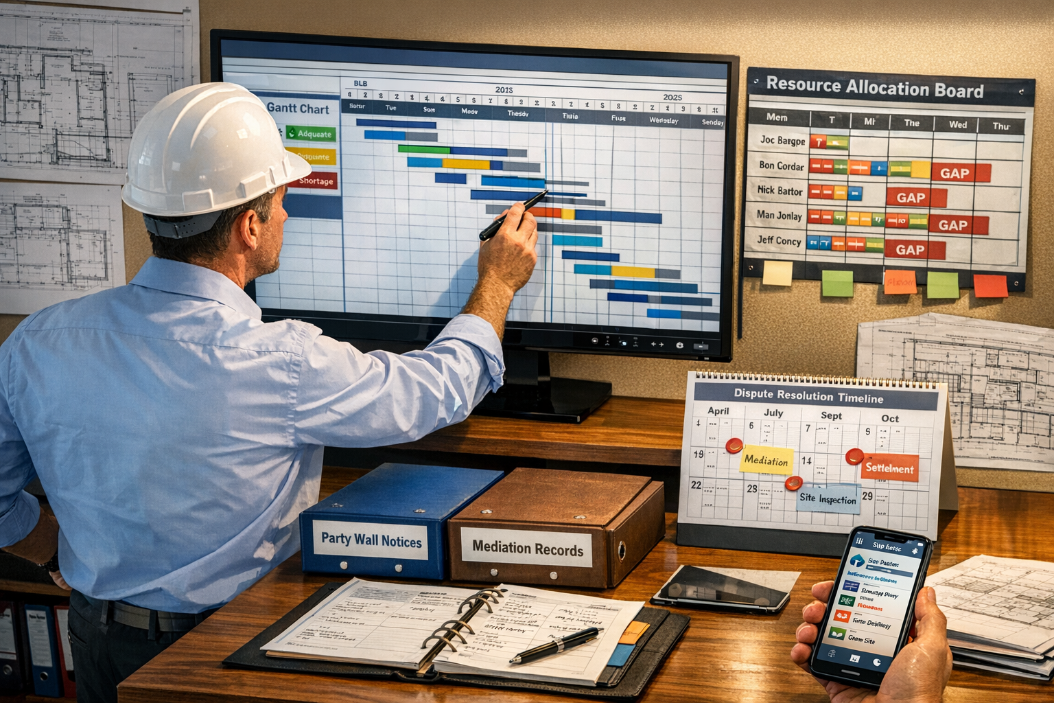 Detailed () image showing construction project manager updating detailed Gantt chart on large display screen with labor