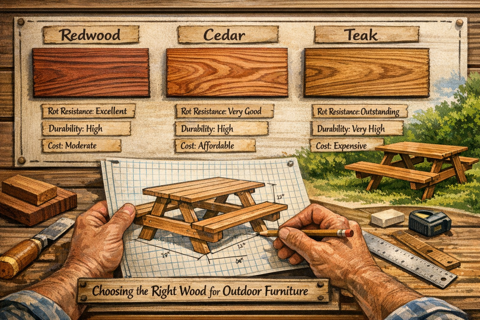 A detailed illustration in landscape format (1536x1024) showcasing various rot-resistant wood species, such as Redwood, Cedar, and Teak, wit