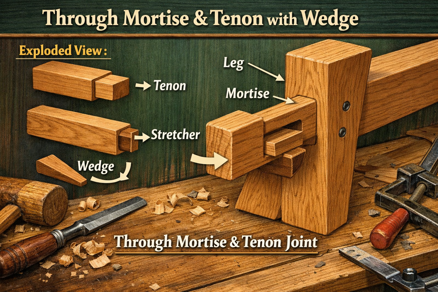 A close-up, detailed illustration in landscape format (1536x1024) of a half-assembled picnic table leg and stretcher, clearly demonstrating 