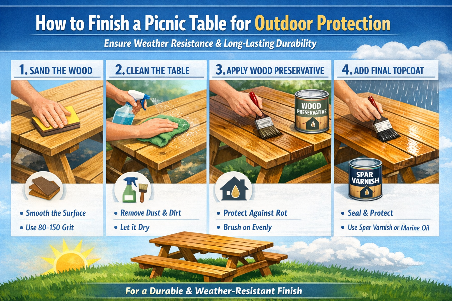 An infographic in landscape format (1536x1024) illustrating a step-by-step guide for applying an outdoor protective finish to a picnic table