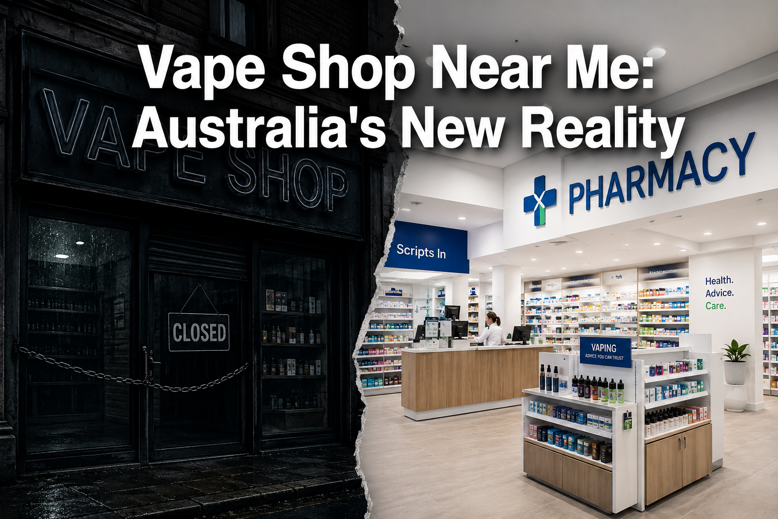 Professional () hero image with : 'Vape Shop Near Me: Australia's New Reality', in a modern white with a subtle dark ,