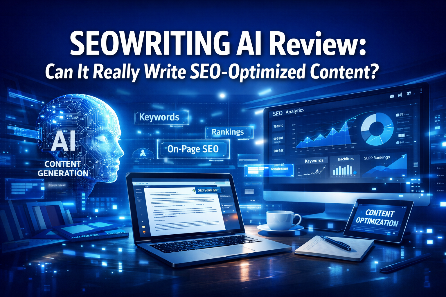Professional landscape hero image (1536x1024) featuring bold text overlay 'SEOWRITING AI Review: Can It Really Write SEO-Optimized Content?'