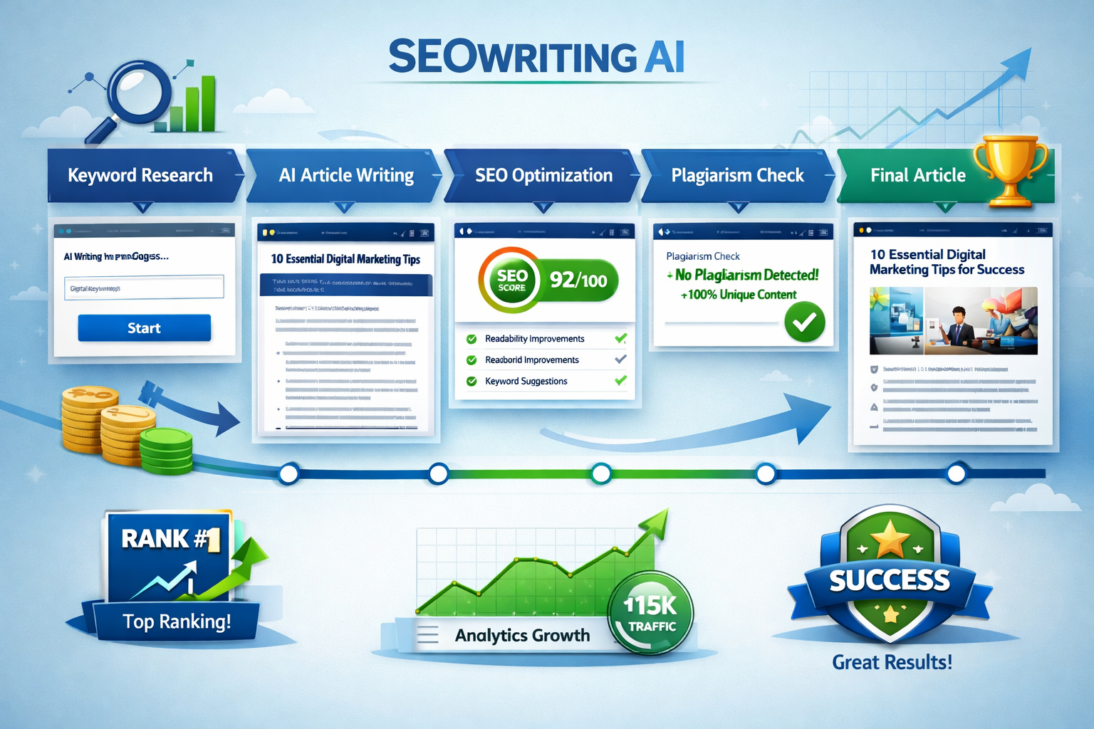 Detailed landscape image (1536x1024) showcasing content creation workflow using SEOWRITING AI. Visual timeline showing steps from keyword in